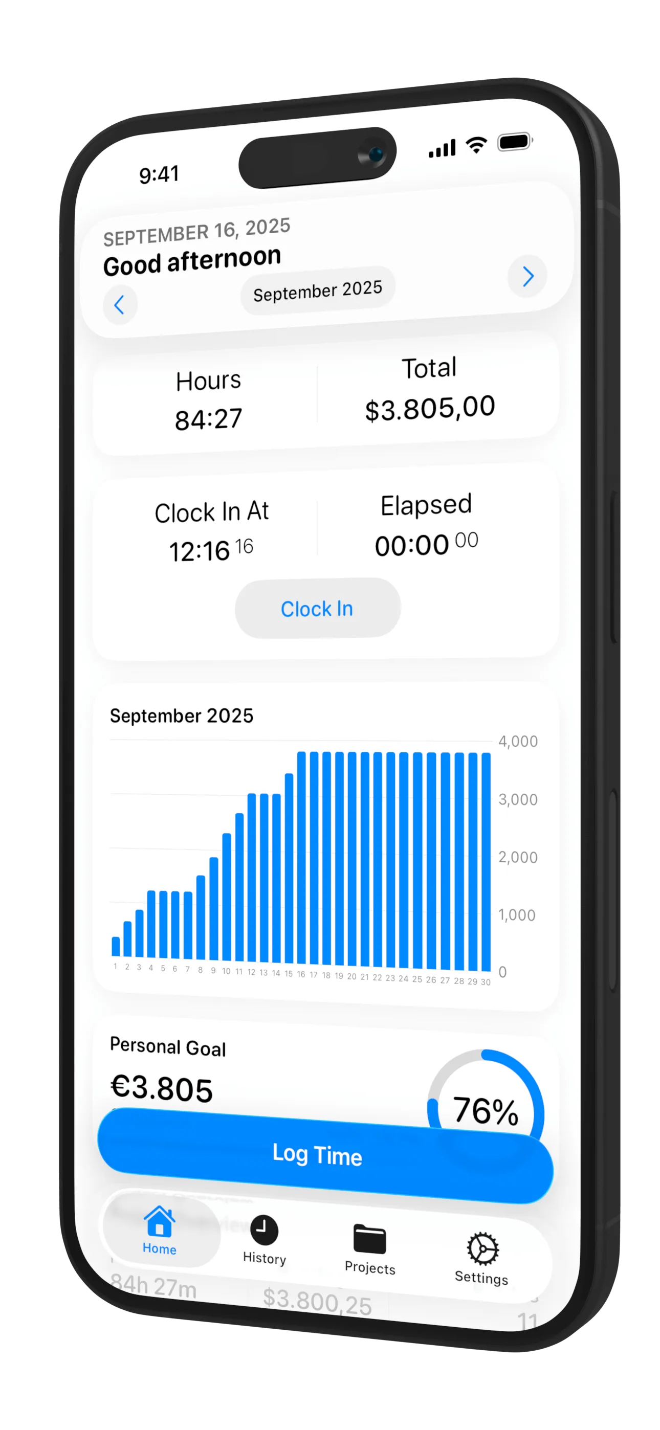 Work Counter app showing time tracking dashboard with work hours and earnings overview