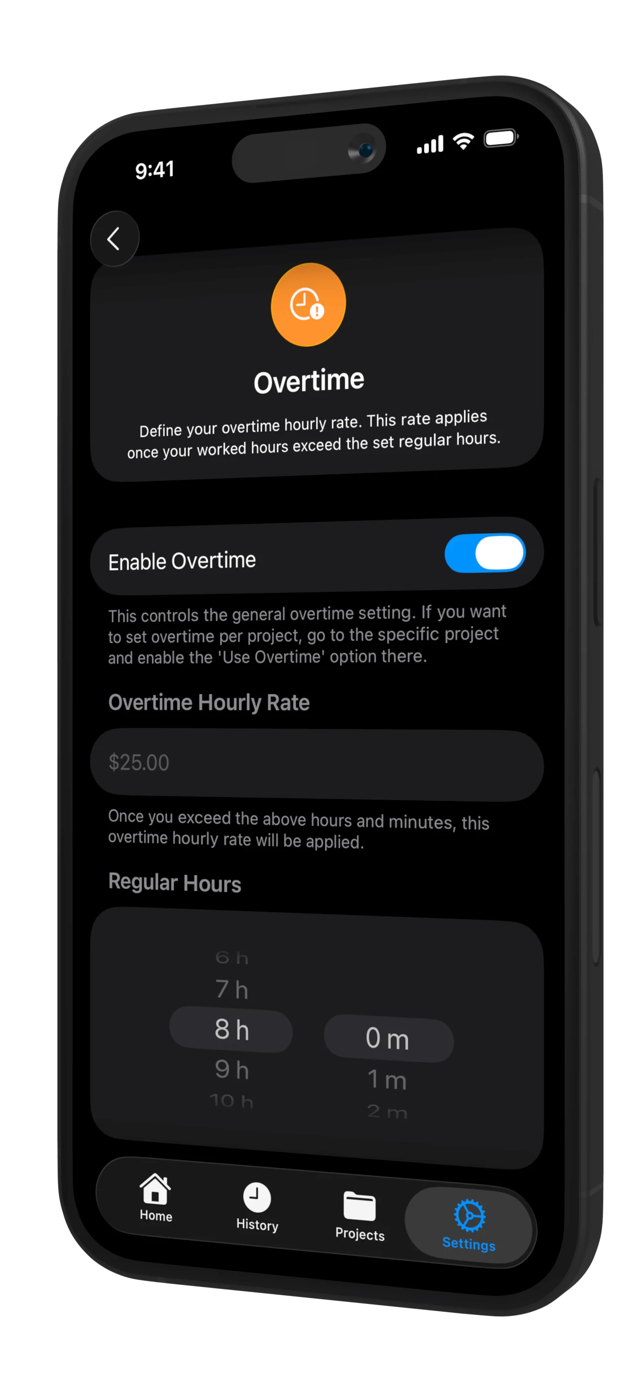 Work Counter overtime calculation screen with extra hours overview